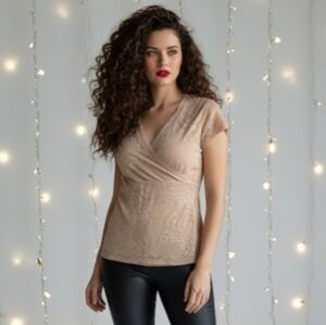 New York & Company Neutral Beige Lace Faux Wrap Blouse /Top Size XL